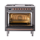 ILVE 36-Inch Nostalgie II Natural Gas Dual Fuel Range with 6 Burners and Solid Door Oven in Matte Graphite with Copper Trim (UP36FQNMPMGP)
