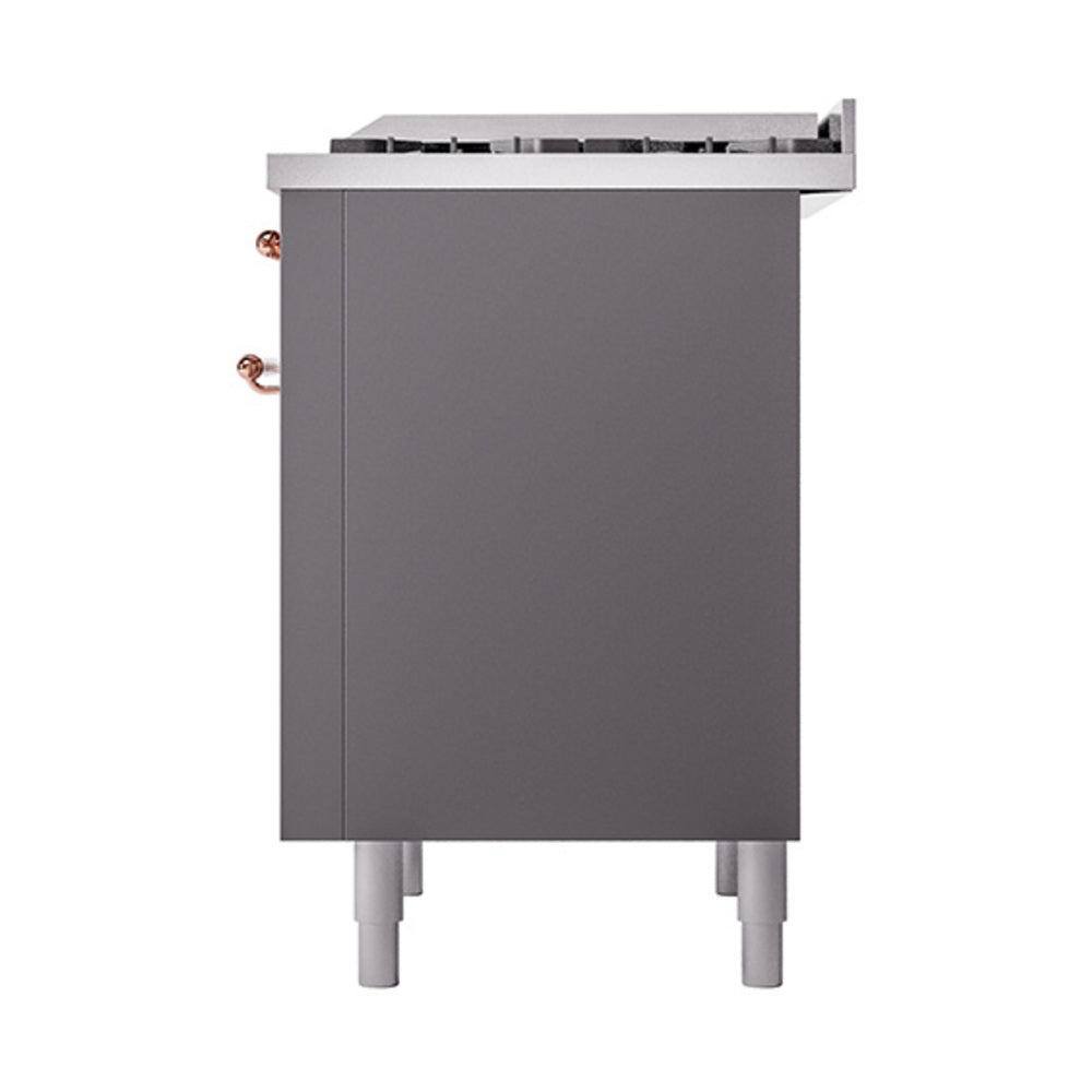Matte graphite dual-fuel range cabinet with copper-trimmed knobs and top vent, angled.