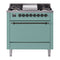 ILVE 36-Inch Nostalgie II Natural Gas Dual Fuel Range with 6 Burners and Solid Door Oven in Mediterranean Mint with Burnished Bronze Trim (UP36FQNMPMMB)