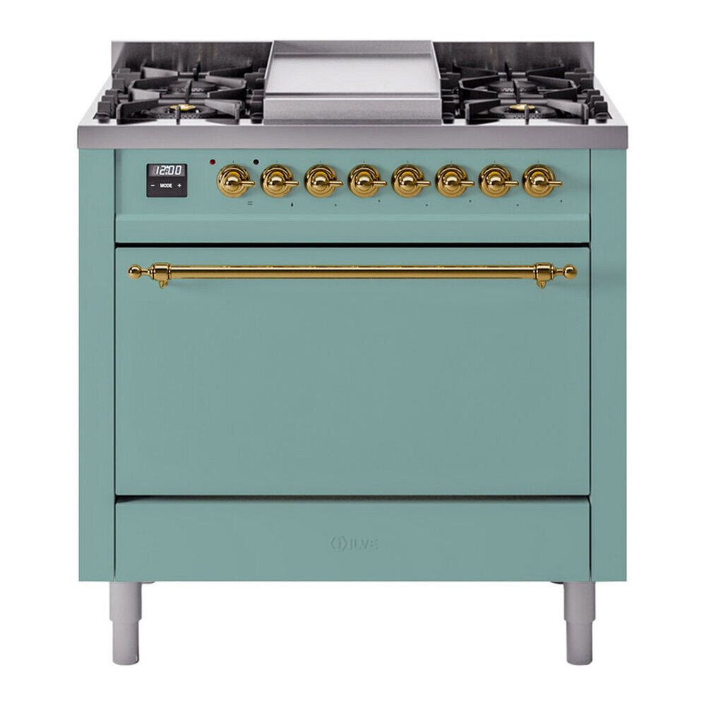 ILVE 36-Inch Nostalgie II Propane Gas Dual Fuel Range with 6 Burners and Solid Door Oven in Mediterranean Mint with Brass Trim (UP36FQNMPMMGLP)
