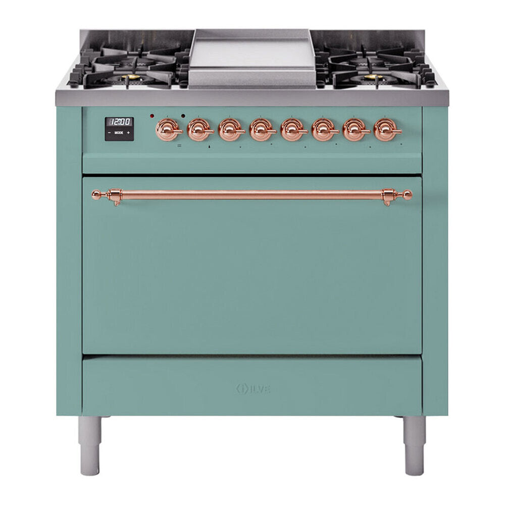 ILVE 36-Inch Nostalgie II Propane Gas Dual Fuel Range with 6 Burners and Solid Door Oven in Mediterranean Mint with Copper Trim (UP36FQNMPMMPLP)