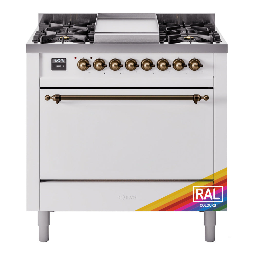 ILVE dual fuel range front view with six gas burners and solid oven door