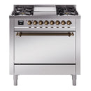 ILVE 36-Inch Nostalgie II Natural Gas Dual Fuel Range with 6 Burners and Solid Door Oven in Stainless Steel with Bronze Trim (UP36FQNMPSSB)