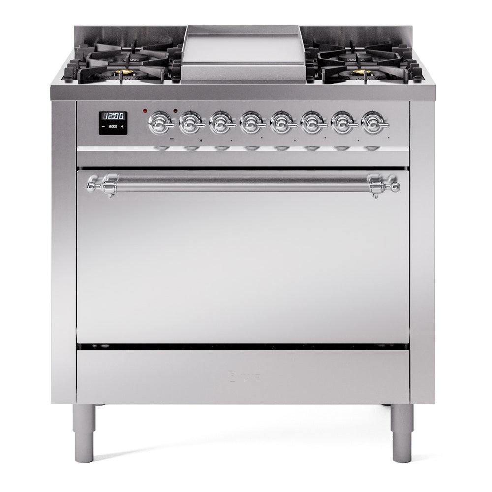 Stainless dual-fuel range front view with six burner cooktop and solid oven door