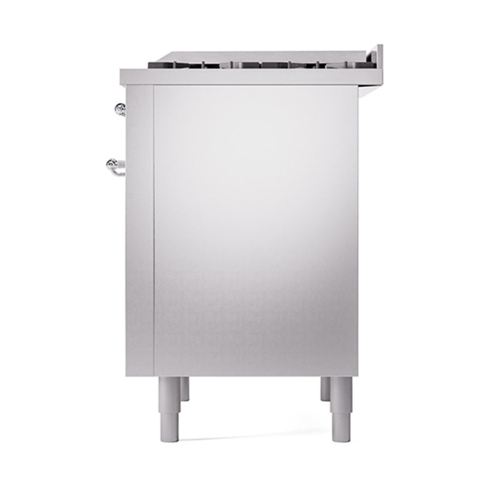 Stainless dual-fuel range with closed solid oven door and chrome side handles
