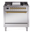 ILVE 36-Inch Nostalgie II Propane Gas Dual Fuel Range with 6 Burners and Solid Door Oven in Stainless Steel with Brass Trim (UP36FQNMPSSGLP)