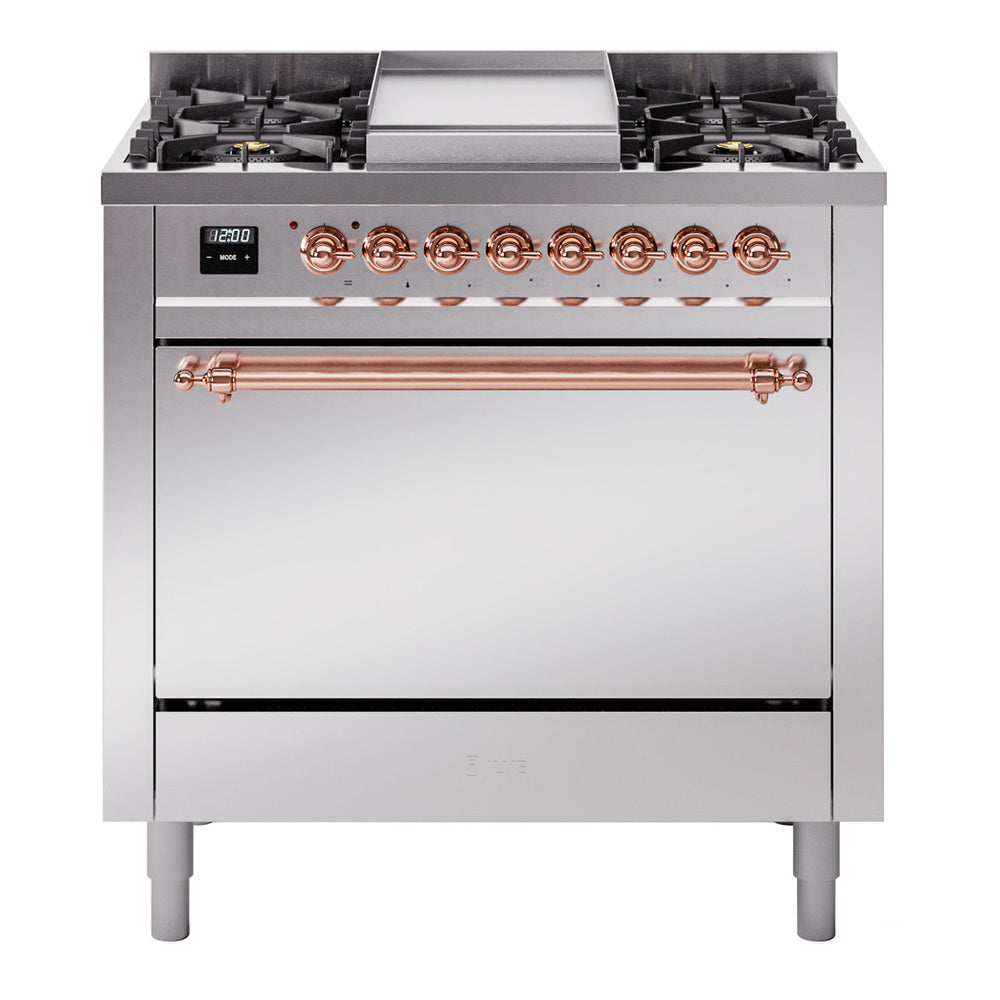 Stainless steel 6-burner range with control panel, copper manifold bar, and grates