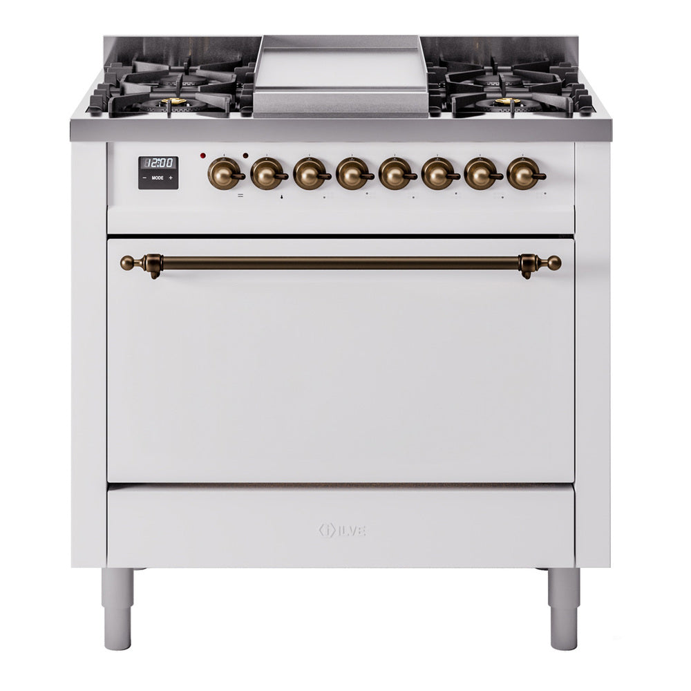 White gas range front view with six burner grates, bronze knobs, and oven door