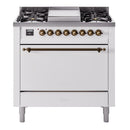 ILVE 36-Inch Nostalgie II Propane Gas Dual Fuel Range with 6 Burners and Solid Door Oven in White with Bronze Trim (UP36FQNMPWHBLP)