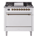 ILVE 36-Inch Nostalgie II Natural Gas Dual Fuel Range with 6 Burners and Solid Door Oven in White with Bronze Trim (UP36FQNMPWHB)