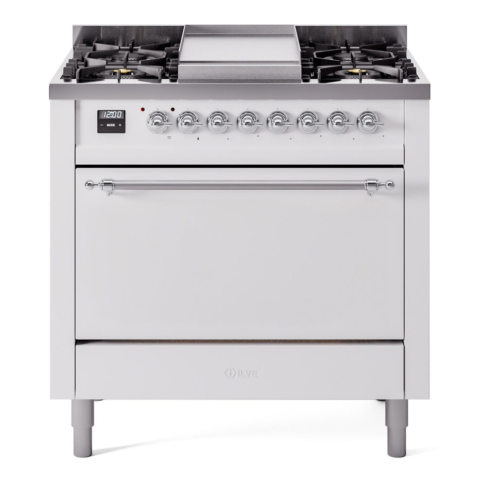 White dual-fuel range front view with six gas burner grates and closed oven door