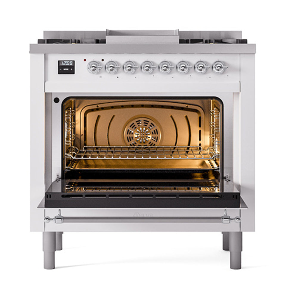 White dual-fuel range oven with open door showing burner cavity and oven rack