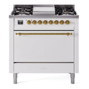 ILVE 36-Inch Nostalgie II Natural Gas Dual Fuel Range with 6 Burner and Solid Door Oven in White with Brass Trim (UP36FQNMPWHG)