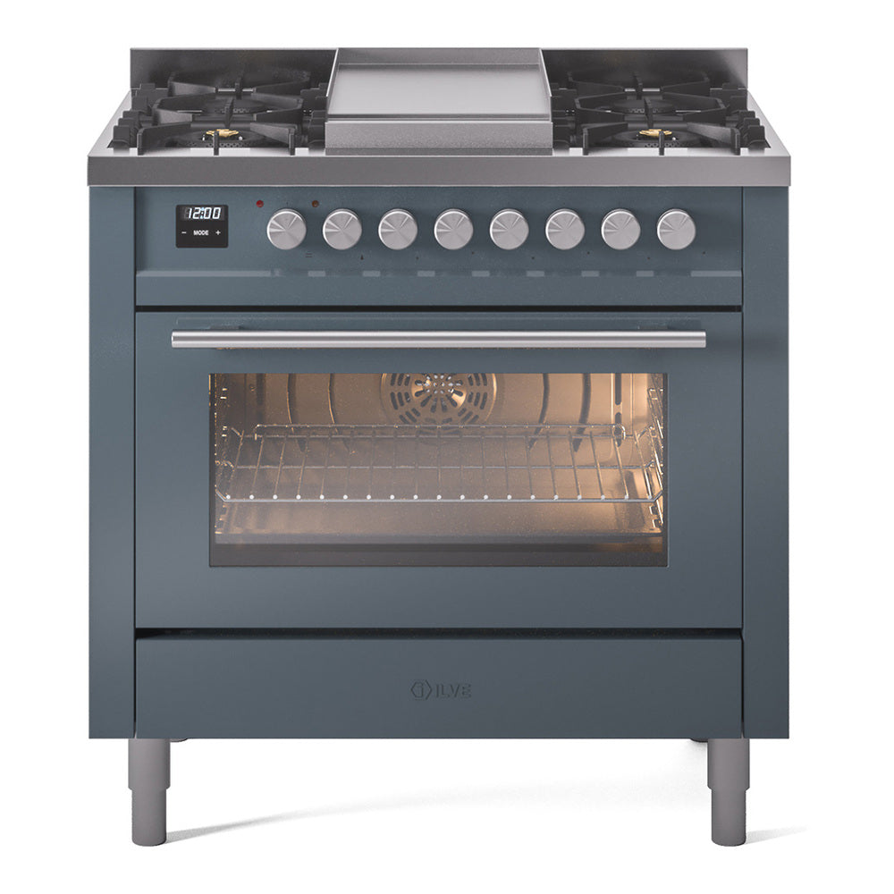 Blue-grey freestanding dual-fuel range with open oven door, burners, and control panel