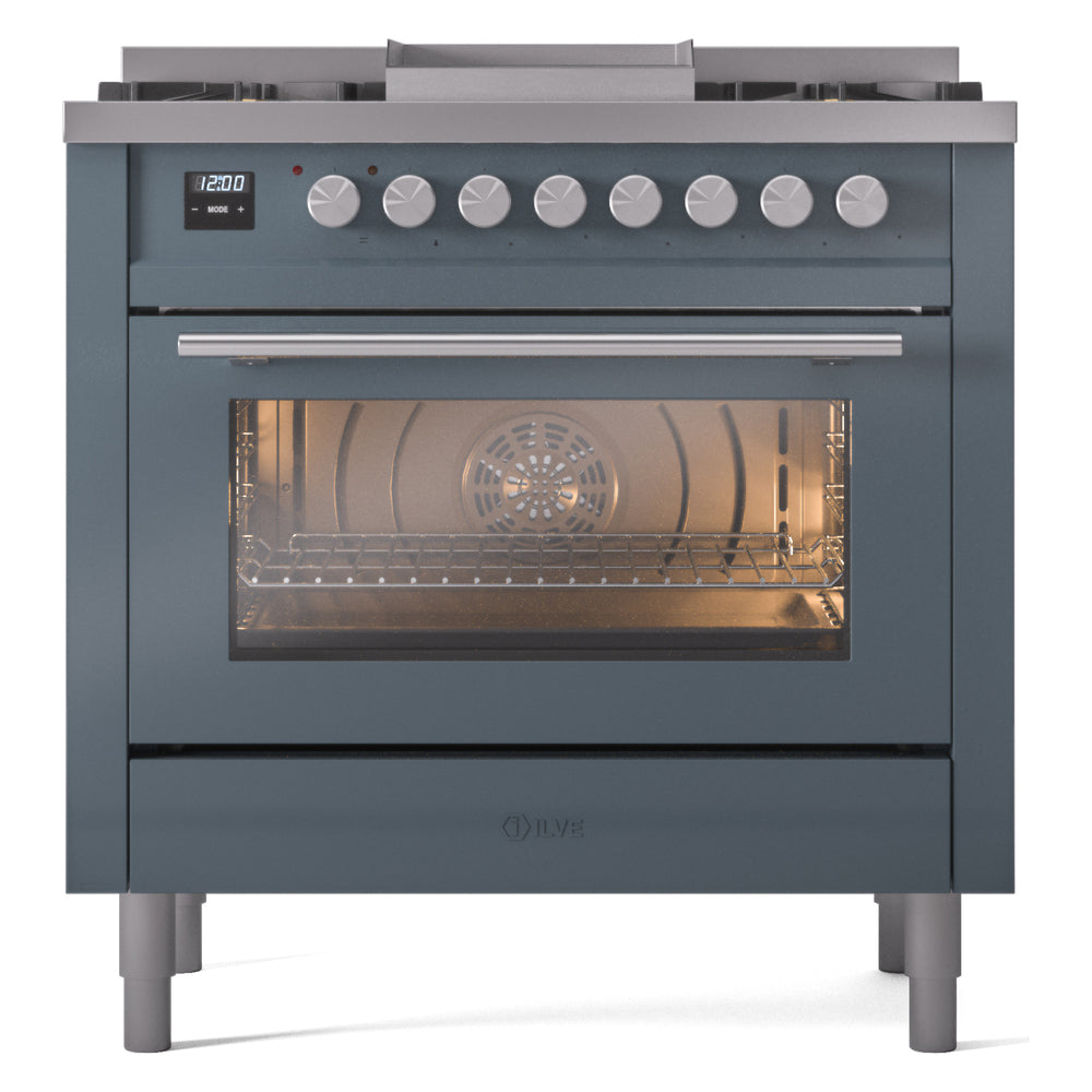 Blue-grey freestanding gas range with closed oven door and front row of burner knobs