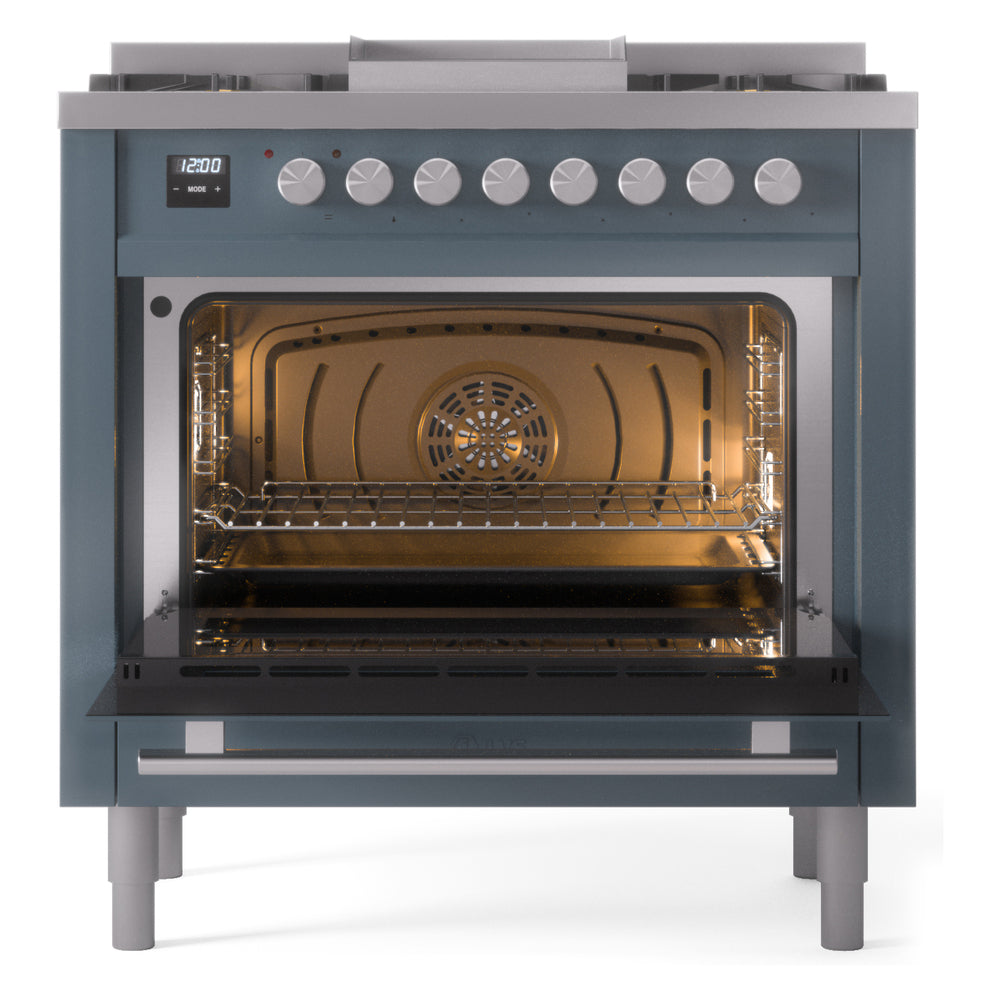 Blue-grey freestanding gas range with illuminated oven interior and open door rack