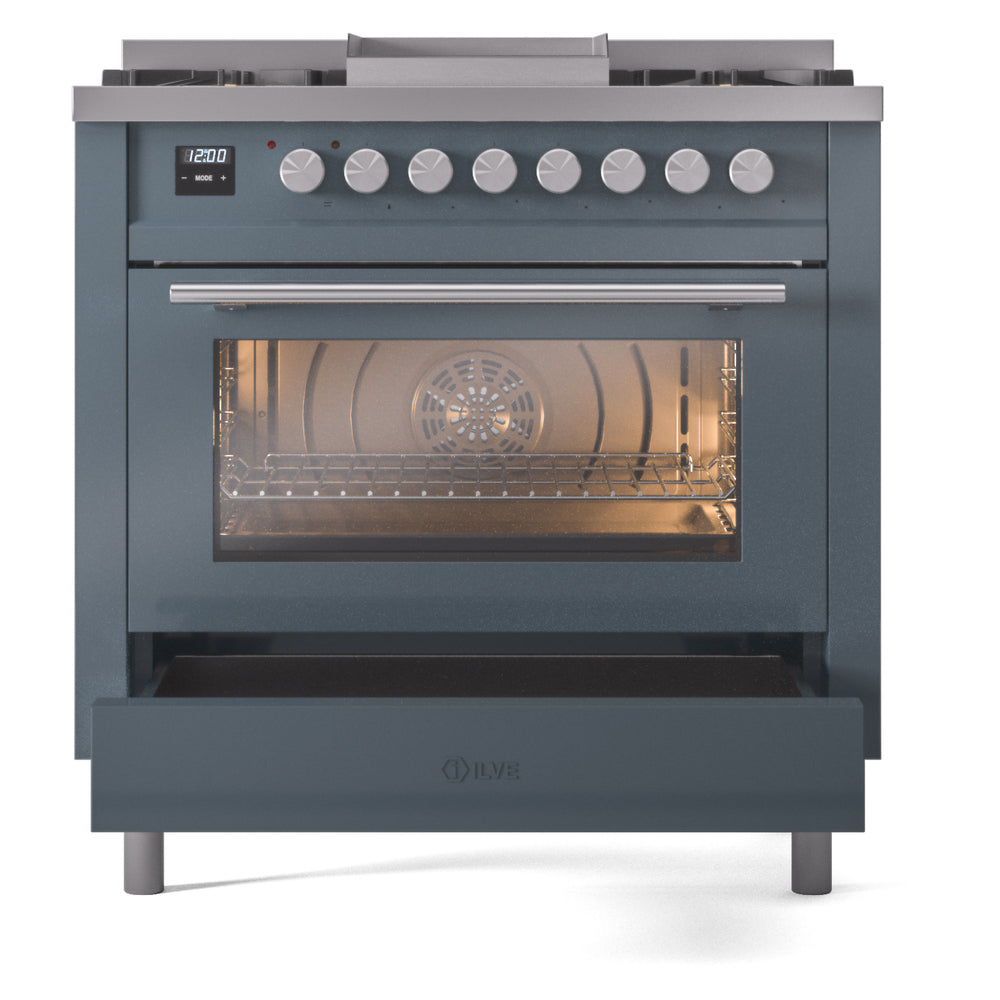 Freestanding blue-grey gas range with open oven door and front burner control knobs
