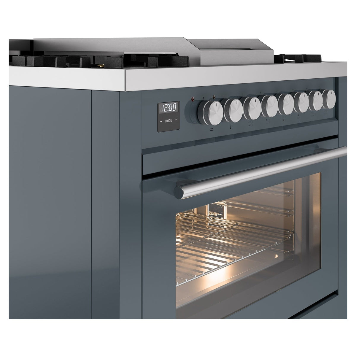 Blue grey freestanding dual-fuel range with control knobs and oven door partially open