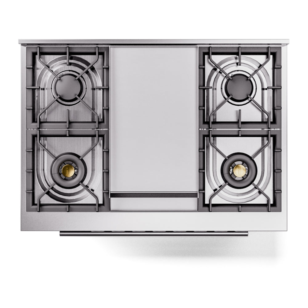 Blue-grey range cooktop underside view with four sealed burners and burner grates