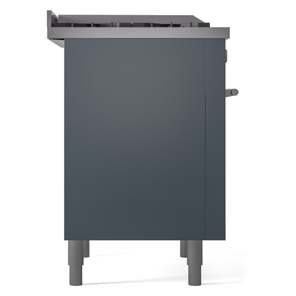 Blue-grey freestanding gas range side view with control knob and four leveling legs