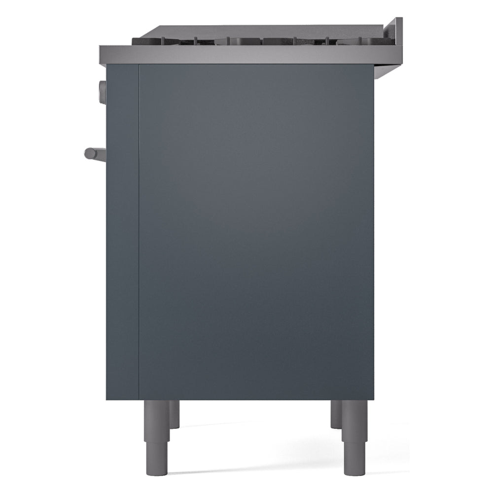 Blue-grey freestanding gas range rear side view with control knob and four leveling legs