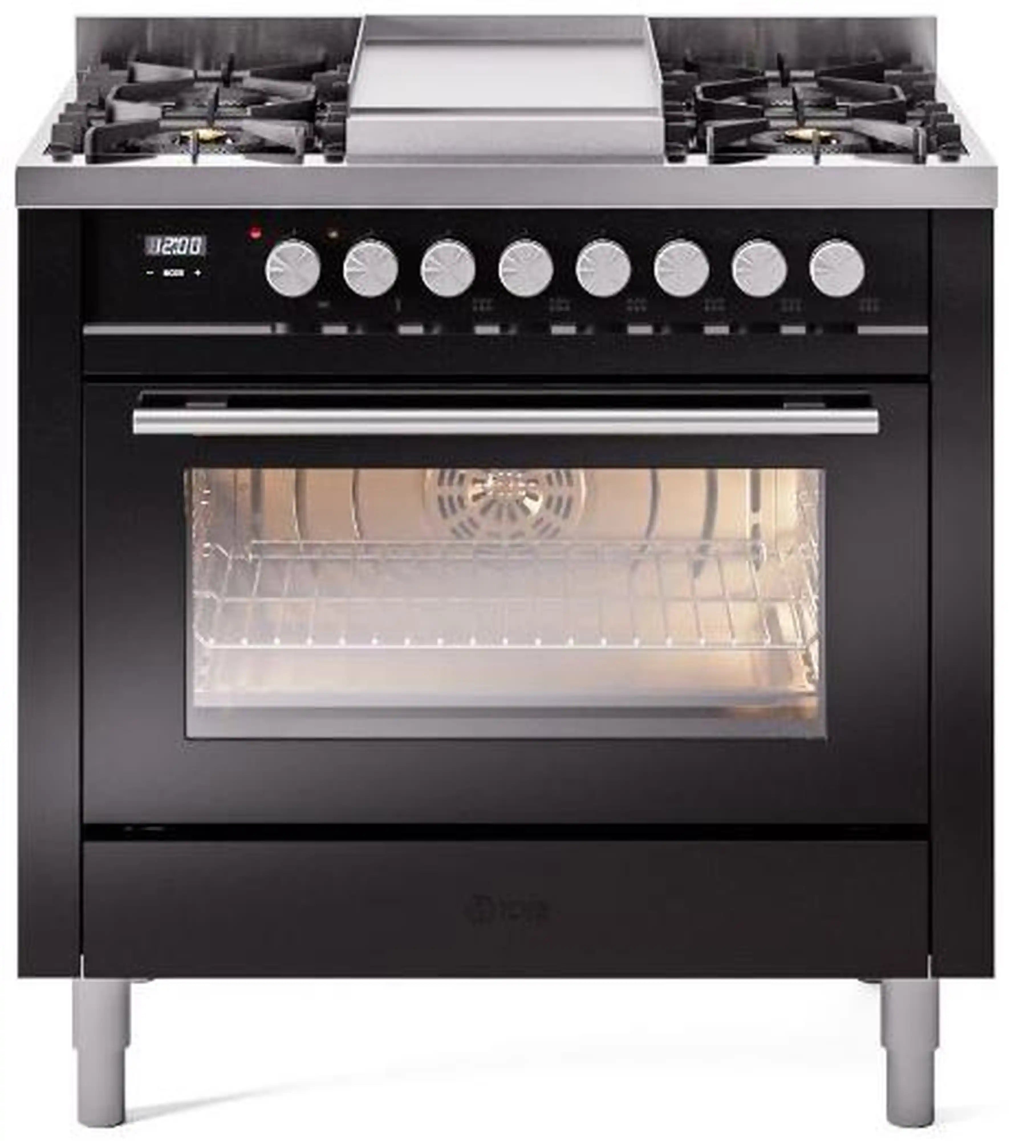 Black dual-fuel range with burner grates and open oven door, front view