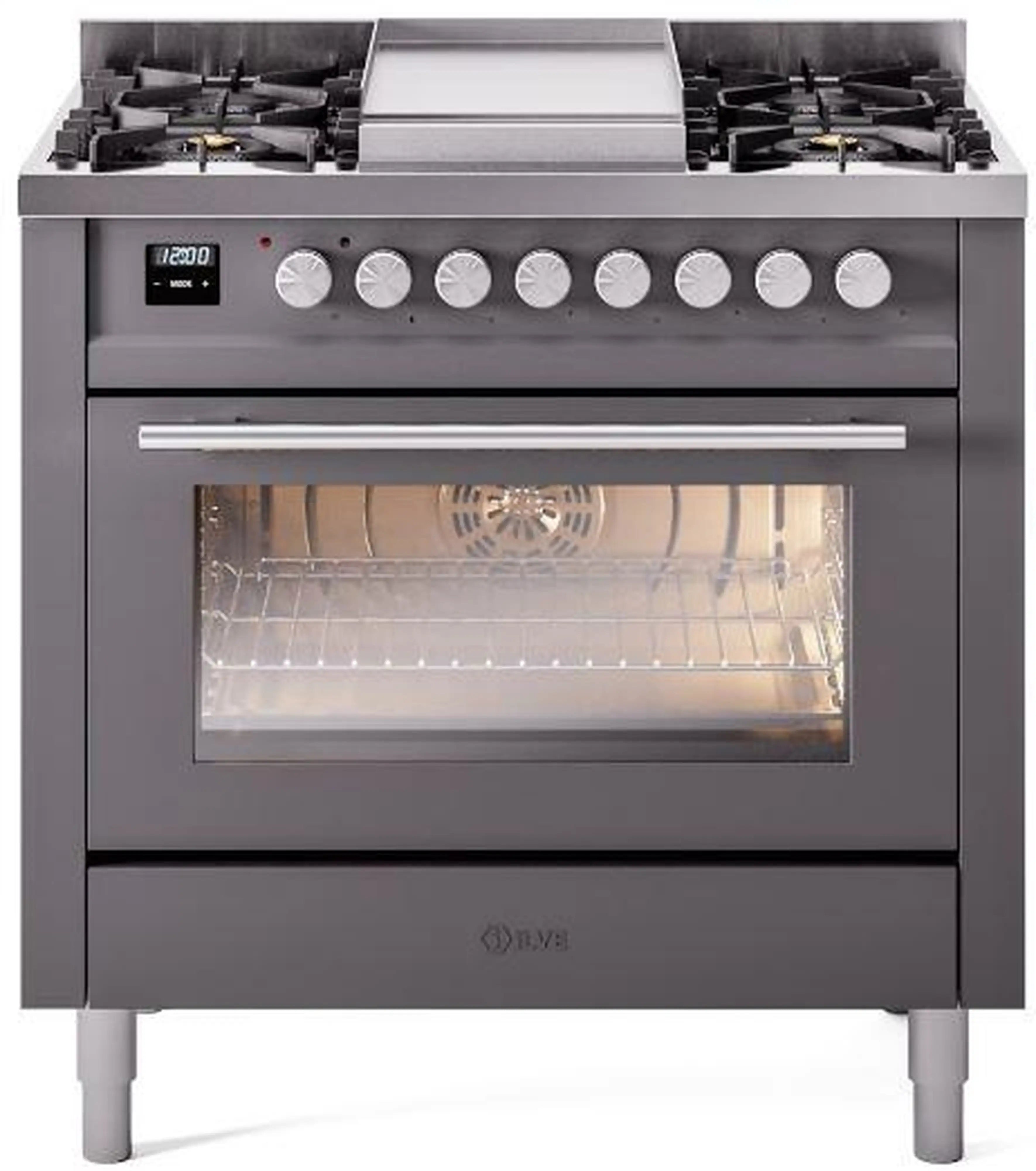 Matte graphite freestanding gas range with closed oven door and front control panel