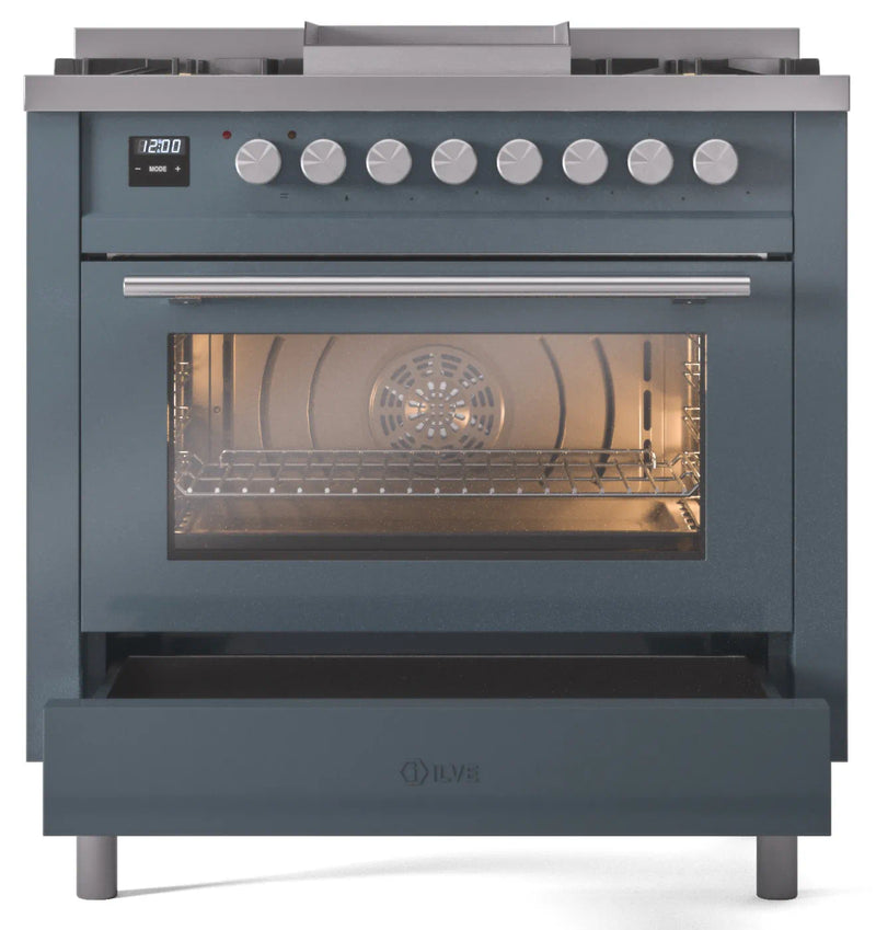 ILVE 36-Inch Professional Plus II Freestanding Dual Fuel Range with 6 Sealed Burner in Blue Grey (UP36FWMPBG)