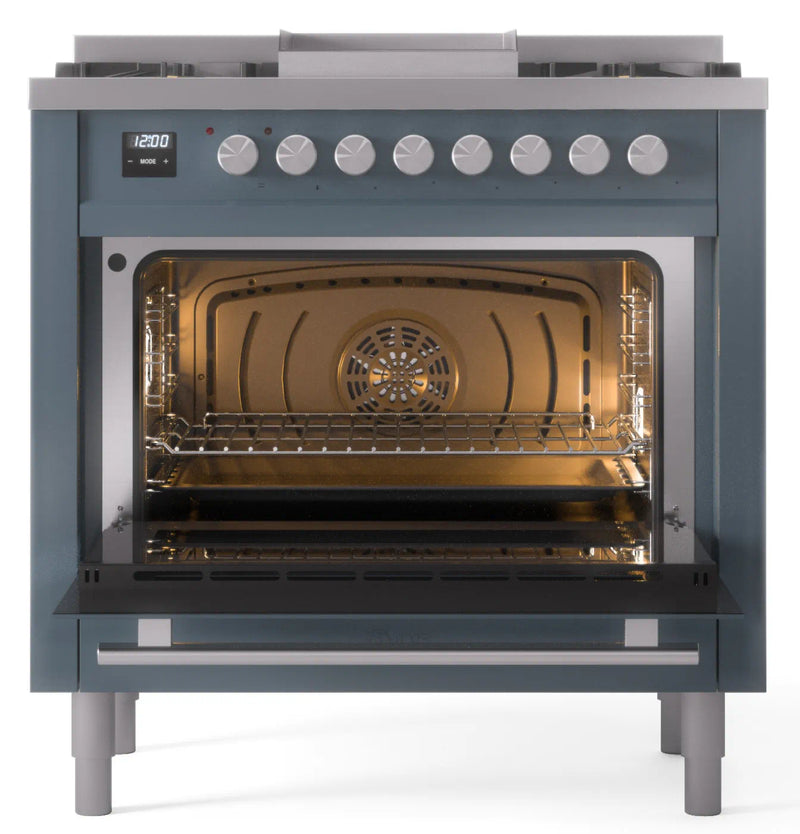 ILVE 36-Inch Professional Plus II Freestanding Dual Fuel Range with 6 Sealed Burner in Blue Grey (UP36FWMPBG)