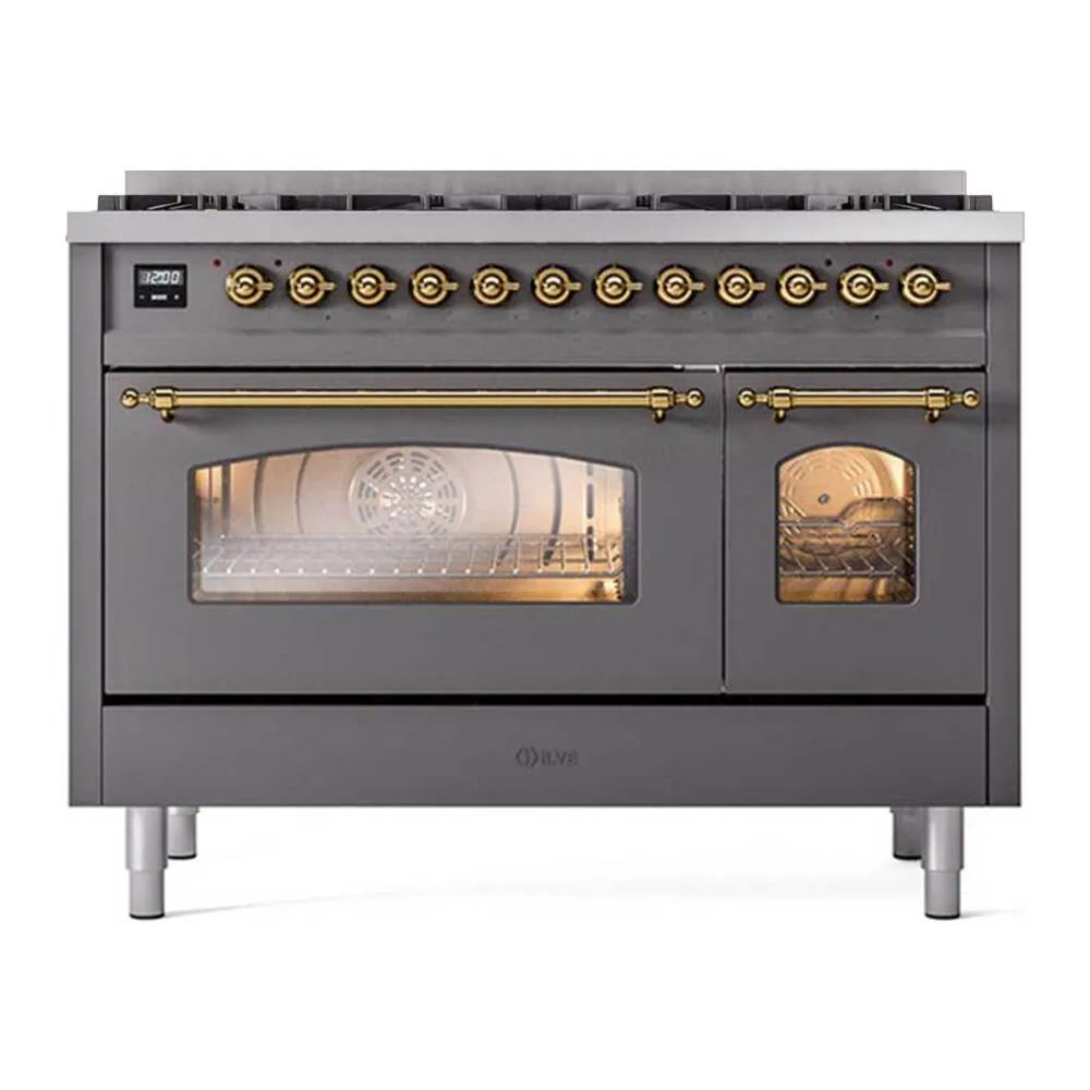 Matte graphite dual-fuel range with brass knobs and two glass oven doors