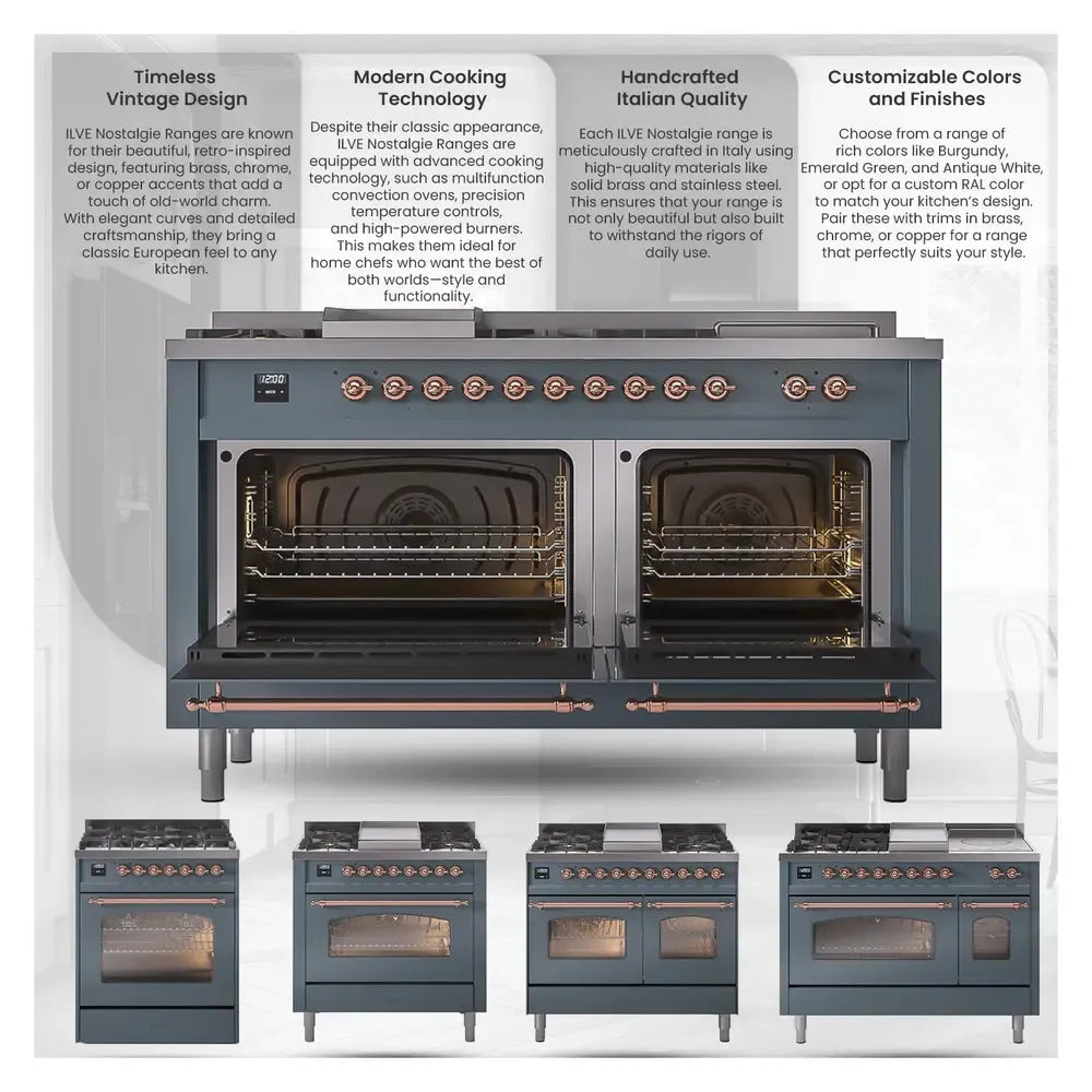 Matte graphite dual-fuel range display with open ovens and four matching ranges shown
