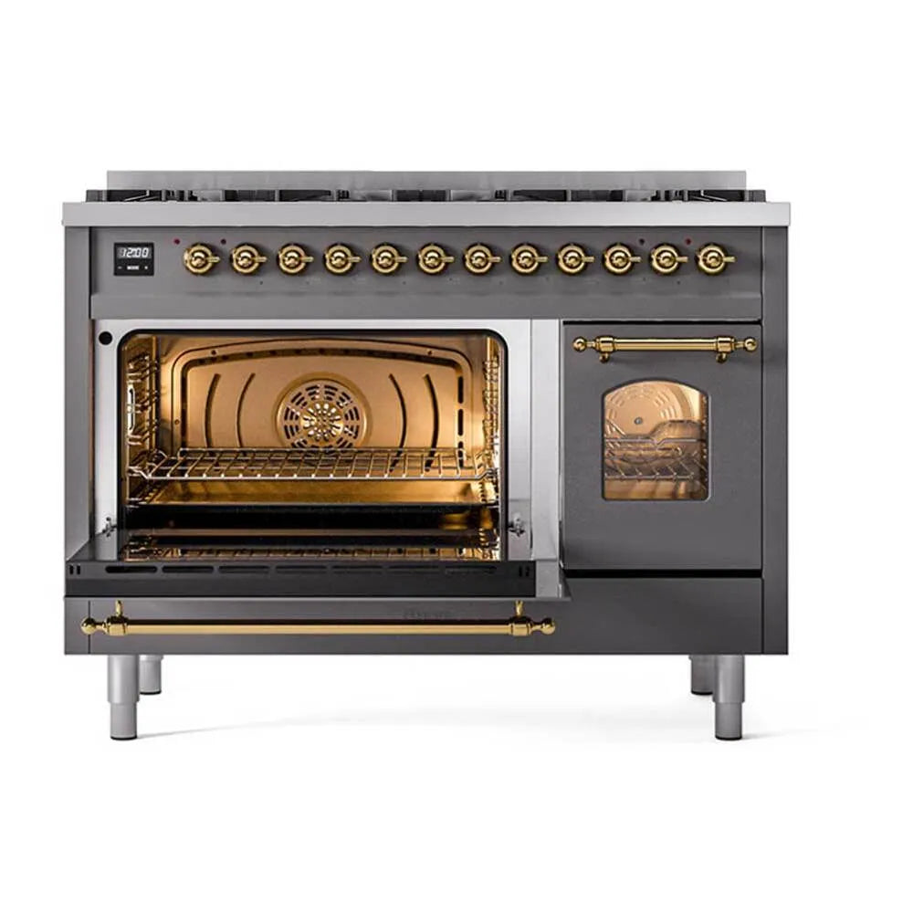 Matte graphite dual fuel range with one open oven door and brass handle details