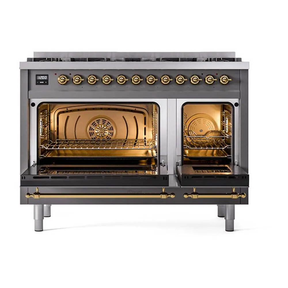 Dual fuel range with both oven doors open and brass-finish burner control panel