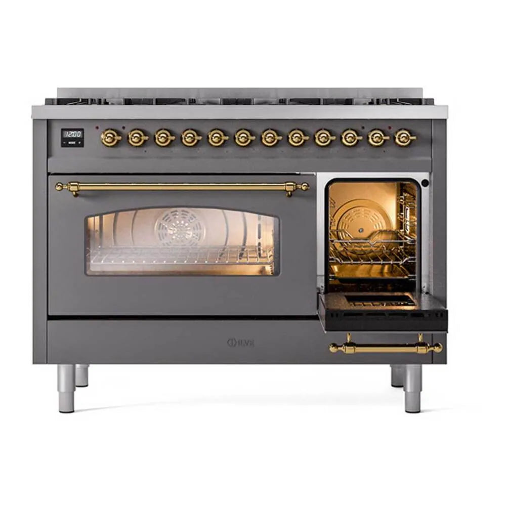 Matte graphite dual fuel range with brass knobs and one oven door open