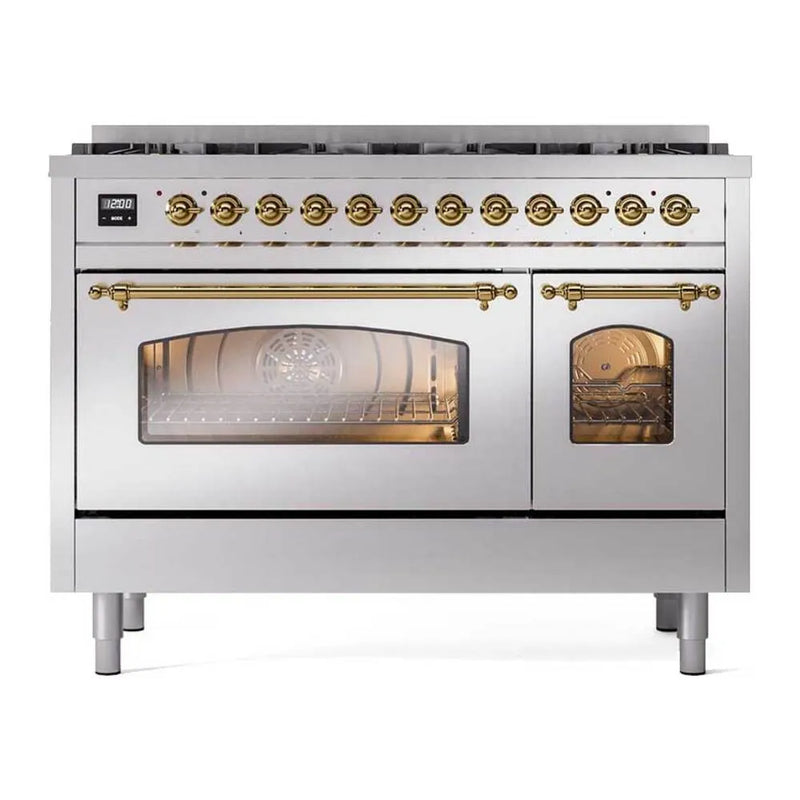 ILVE Nostalgie II Limited Edition 48-Inch Dual Fuel Range with 8 Gas Brass Burners and Electric Oven in Stainless Steel (UP488NMPSSG)