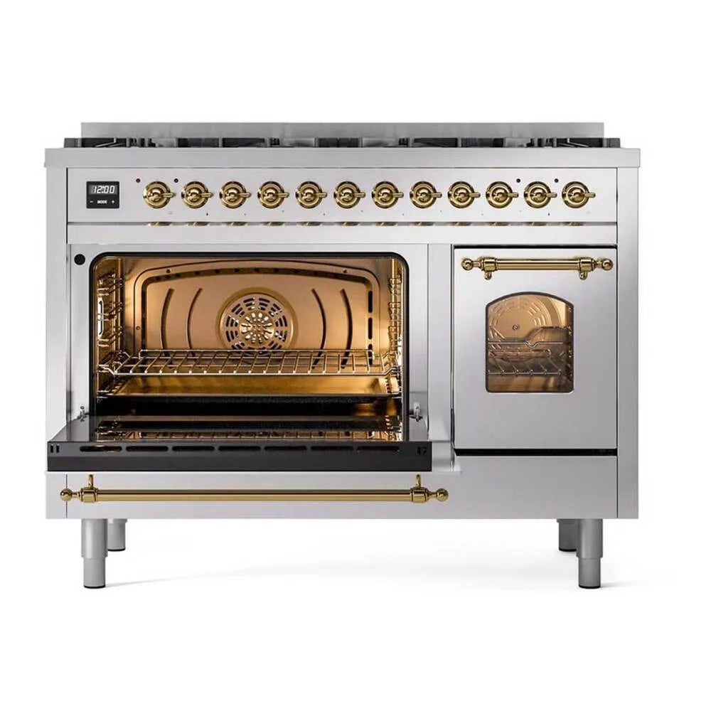 Dual fuel range with both ovens open, brass handles, and stainless oven racks
