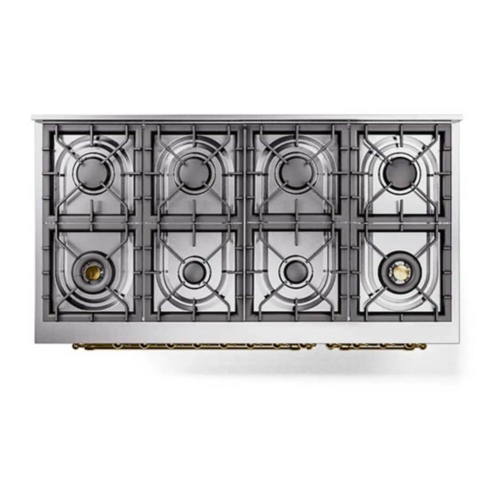Dual fuel range top view with eight gas burners and cast metal grates