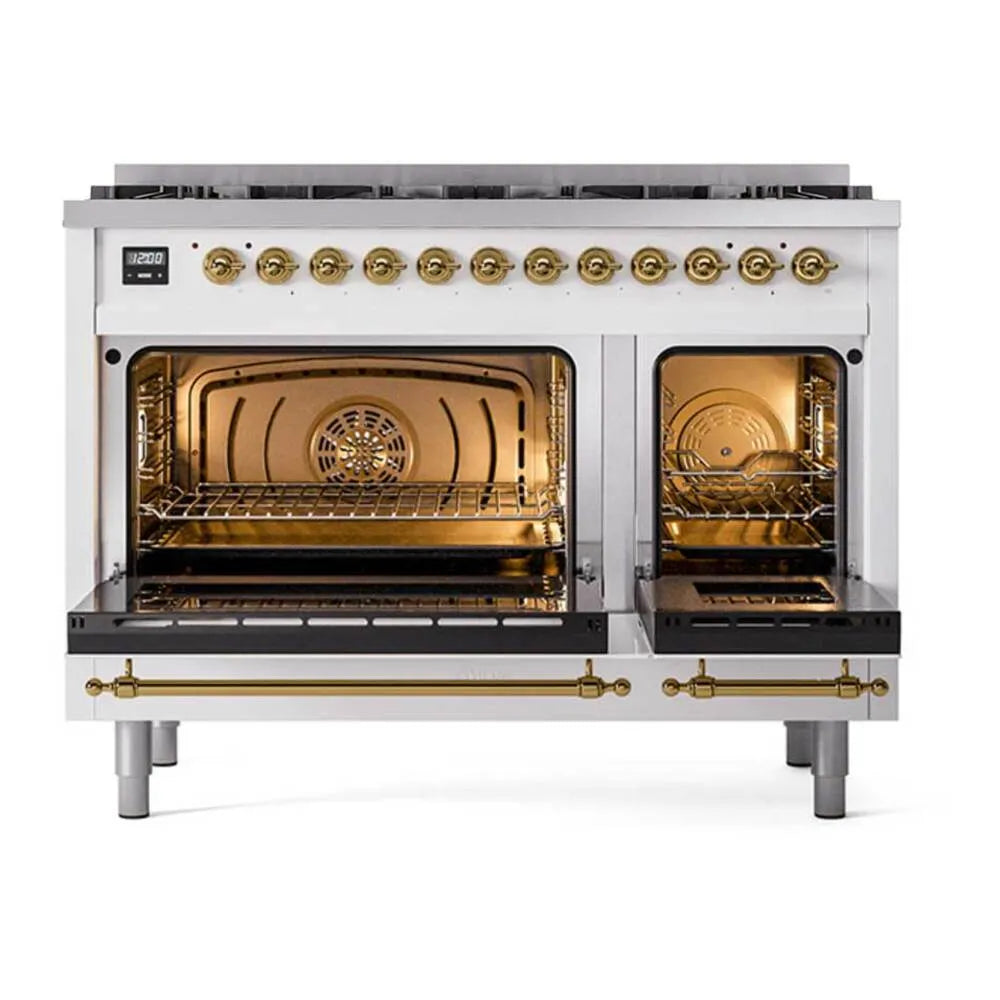 White dual fuel range showing two open ovens with brass handles and racks