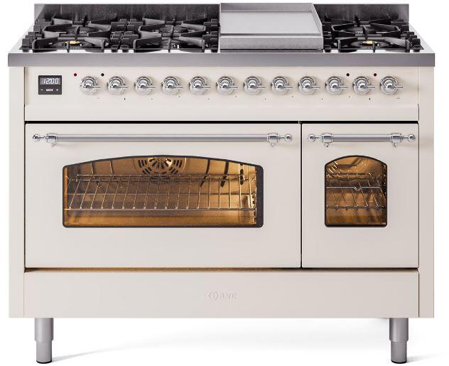Antique white dual fuel range with four burners, oven doors, and chrome control knobs