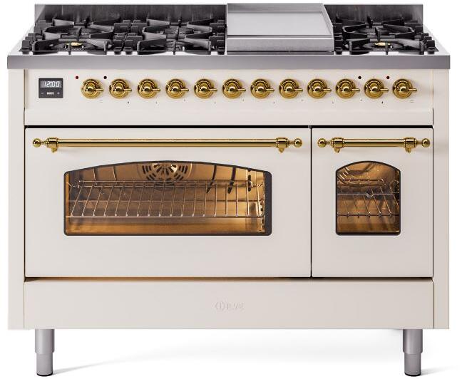 Antique white dual fuel freestanding range with brass knobs, oven window and griddle