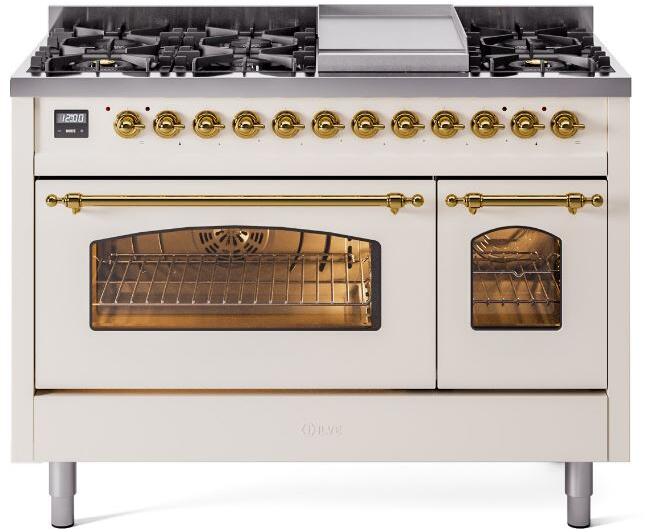 ILVE Nostalgie II 48-Inch Dual Fuel Freestanding Range in Antique White with Brass Trim (UP48FNMPAWG)