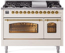 ILVE Nostalgie II 48-Inch Freestanding Natural Gas Dual Fuel Range in Antique White with Brass Trim (UP48FNMPAWG)
