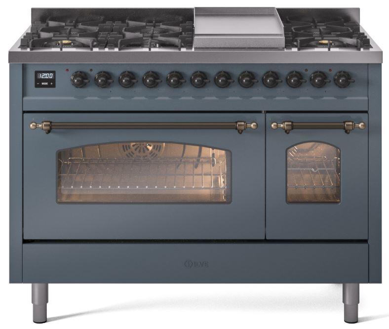 ILVE Nostalgie II 48-Inch Dual Fuel Freestanding Range in Blue Grey with Bronze Trim (UP48FNMPBGB)