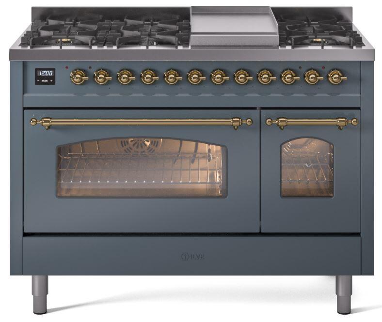 Blue grey dual fuel range with brass trim; stovetop burners and oven windows