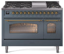 ILVE Nostalgie II 48-Inch Freestanding Natural Gas Dual Fuel Range in Blue Grey with Brass Trim (UP48FNMPBGG)