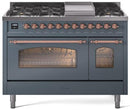 ILVE Nostalgie II 48-Inch Freestanding Natural Gas Dual Fuel Range in Blue Grey with Copper Trim (UP48FNMPBGP)