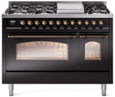 ILVE Nostalgie II 48-Inch Freestanding Natural Gas Dual Fuel Range in Glossy Black with Bronze Trim (UP48FNMPBKB)