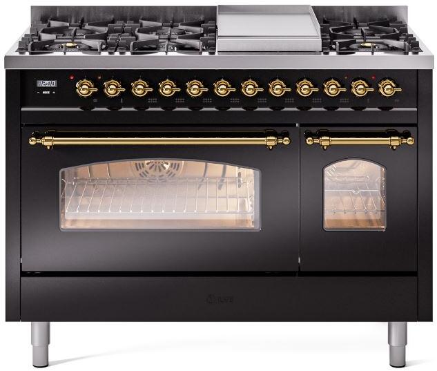 Glossy black range with brass control rail, burners, and two oven doors with windows