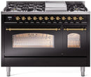 ILVE Nostalgie II 48-Inch Freestanding Natural Gas Dual Fuel Range in Glossy Black with Brass Trim (UP48FNMPBKG)