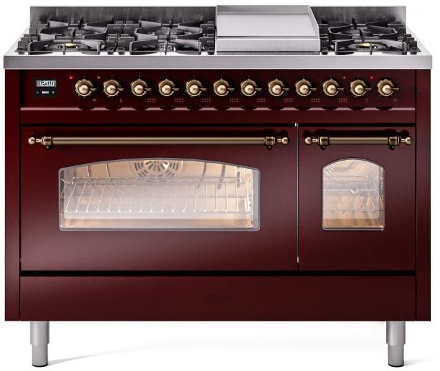 Burgundy dual-fuel range with burner knobs, lit display, and two oven doors